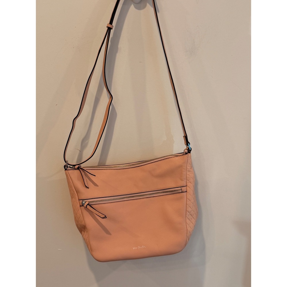 Vera Bradley Peach Pebbled Leather Quilted Crossbody Purse Pink Paisley Lining
